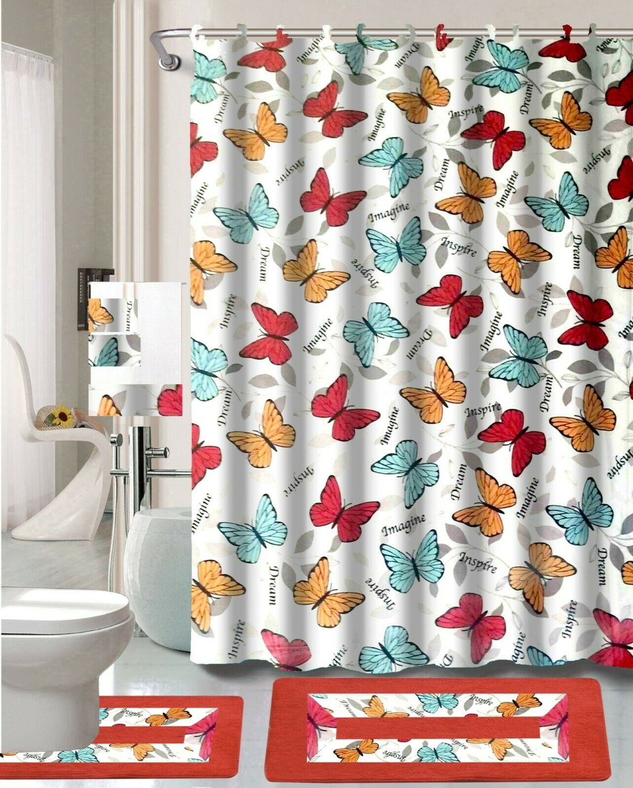 Bathroom Rug, Mat with Shower Curtian Set Butterfly 2 Red Print Design