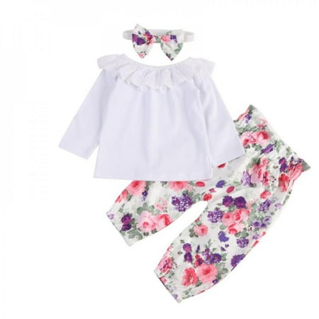 

Promotion!Autumn Baby Girl Clothes Sets Long Sleeve T-shirt Tops Flower Print Trousers With Headband Outfits Clothes