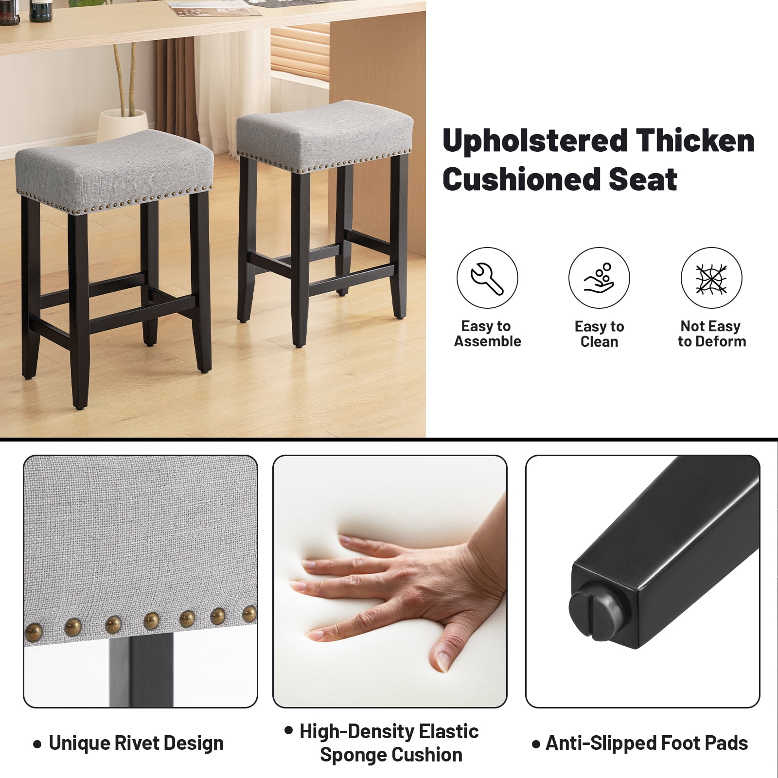 Furniliving 26" Modern Saddle Barstools, Linen Backless Kitchen Counter Bar Stool, Set of 2, Gray