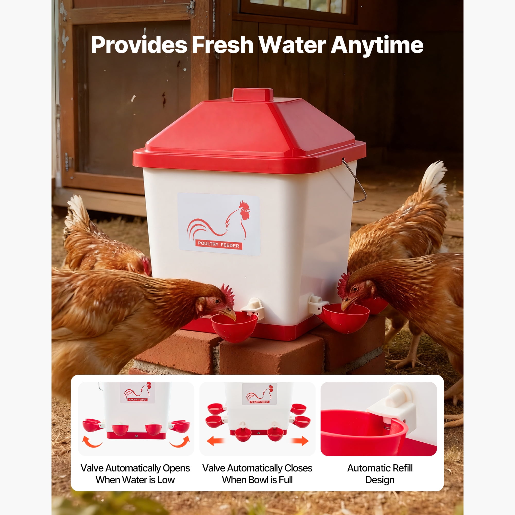 KFFKFF 5 Gallon Automatic Chicken Waterer, 6 Drinking Ports, Gravity-Fed Design with Handle & Sealed Rubber Ring, Durable Waterproof PP Material, No-Spill System, Ideal for Poultry