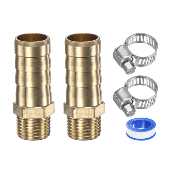 Uxcell 2-Pack Brass Hose Barb Fittings, 10mm x G1/8 Male Couple Hose Connector with Stainless Steel Hose Clamp &  Tape