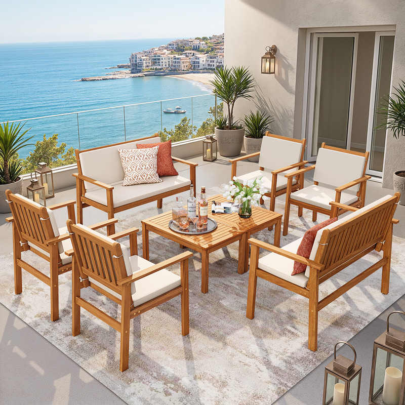 Lacoo 8 Pieces Acacia Wood Patio Conversation Set, Outdoor Furniture Set with Comfy Cushions, Beige