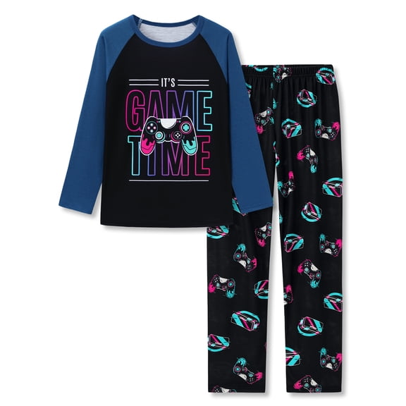 Beezizac Boys 2‑Piece Raglan Long Sleeve Pajama Set, Game Controller & VR Graphic Kids Sleepwear Size 10