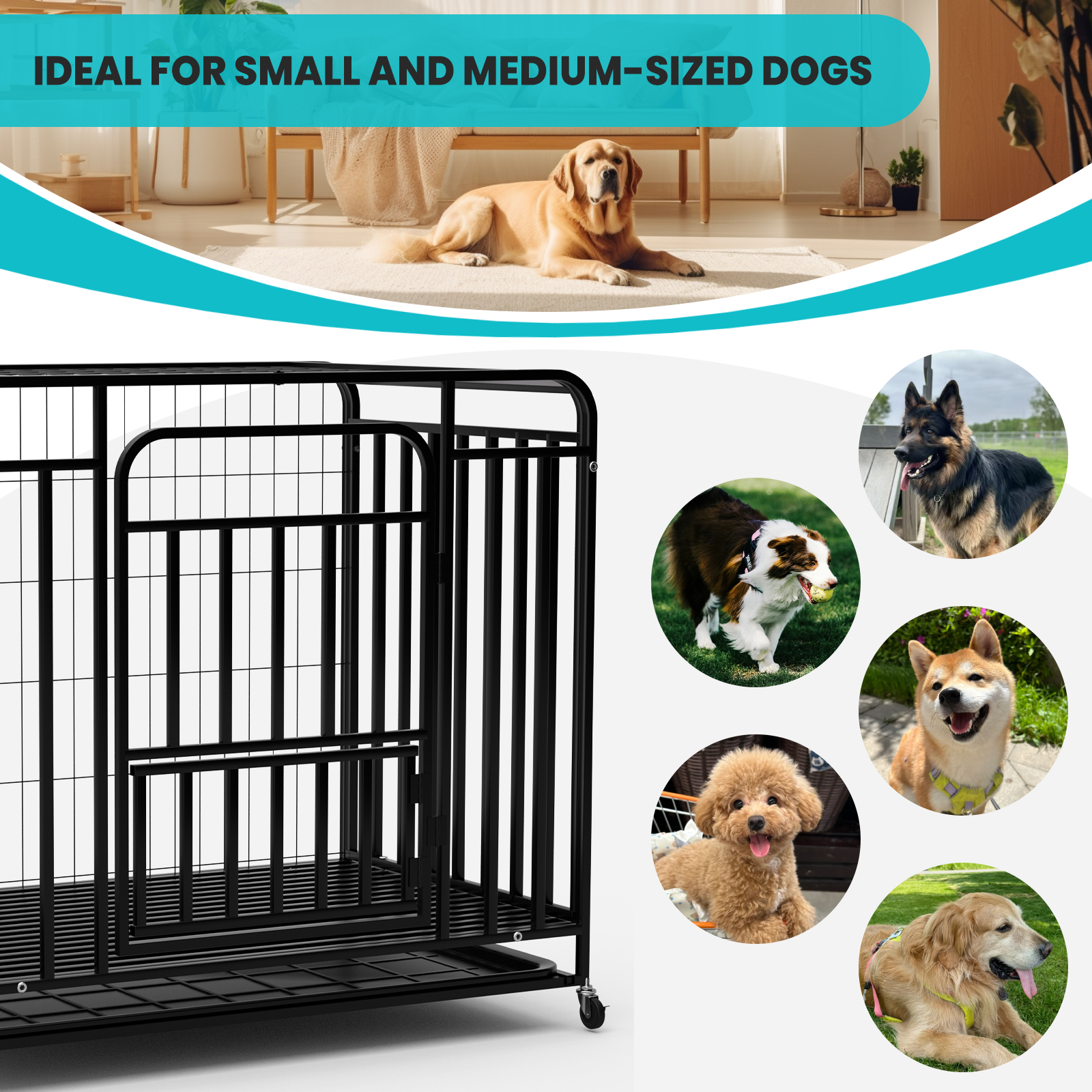 43.5 Inch Heavy Duty Dog Crate Kennel with Wheels, 200lbs Capacity, Escape Proof Dog Cage,Dog Crates with Removable Plastic Tray