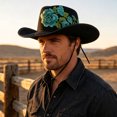 thumbnail image 2 of EOYWHK Men Western Rose Embroidered Cowboy Hat Wide Brim Felt Cowgirl Hat with Adjustable Chin Strap for Western Party Costume, Blue, 2 of 5