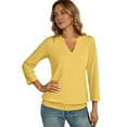 thumbnail image 3 of 3/4 Length Sleeve Womens Tops Summer V Neck Loose Fit Shirts Casual Banded Bottom Blouses Yellow M, 3 of 4