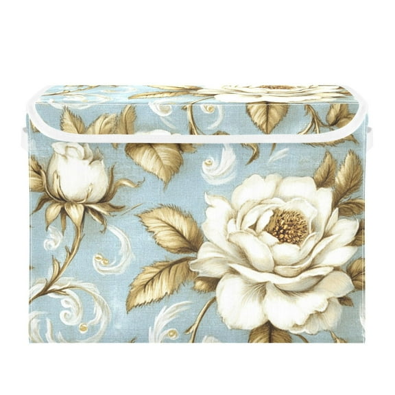Gold Leaf White Flower Large Storage Bins with Linen Collapsible Lid Storage Box 16.7 x 12.6 x 11.8in