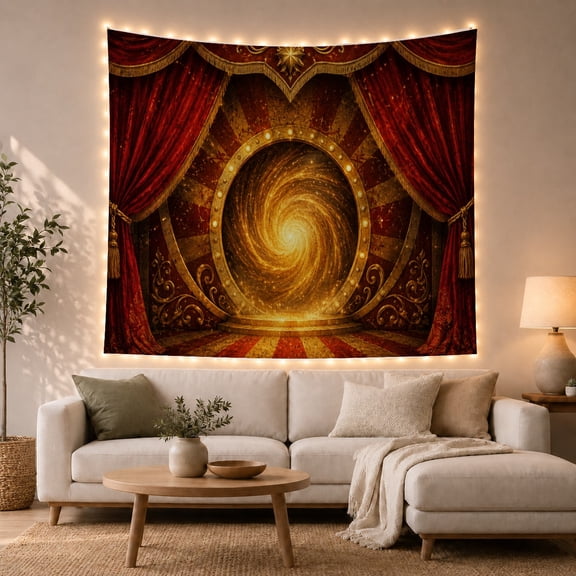 Golden Vortex Within Red Theater Curtains, Mystical Fantasy for Fantasy Fans, Portal Wall Art, Housewarming Gift, Tapestry Wall Hanging for Bedroom, Living Room and Studio