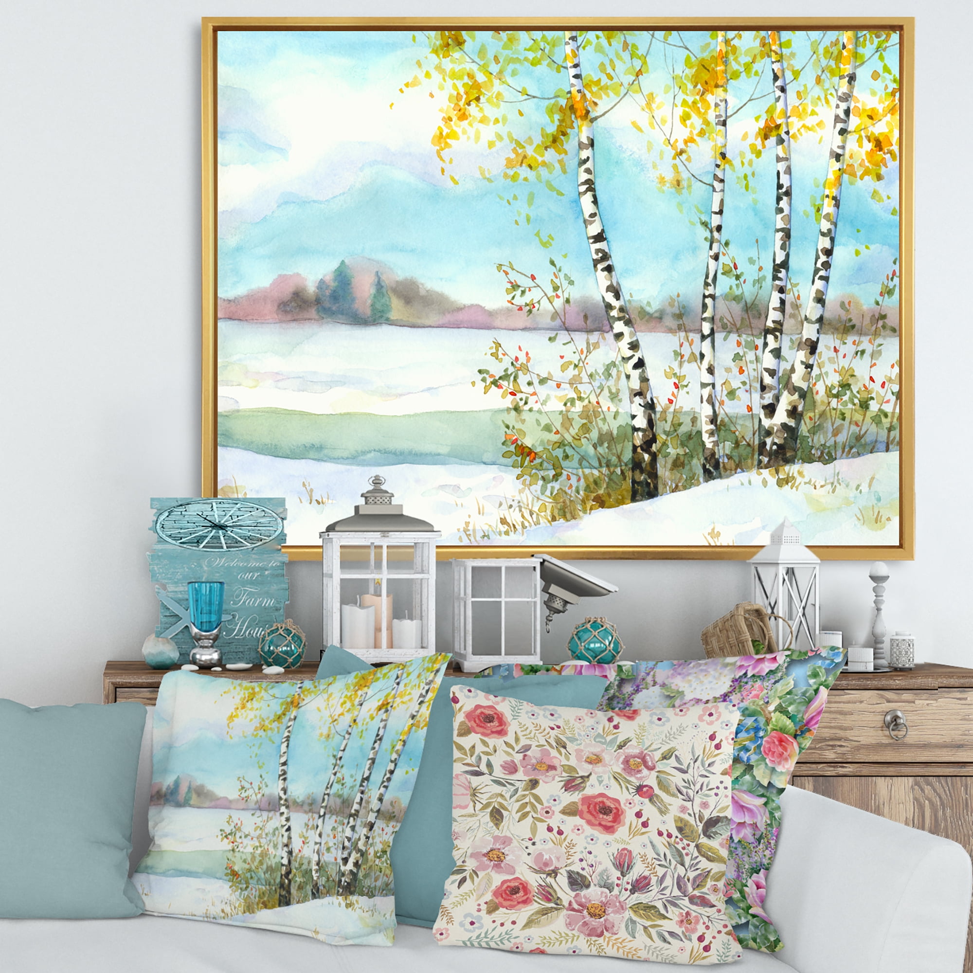 Designart 'Birches In Snowy Land' Lake House Framed Canvas Wall Art Print