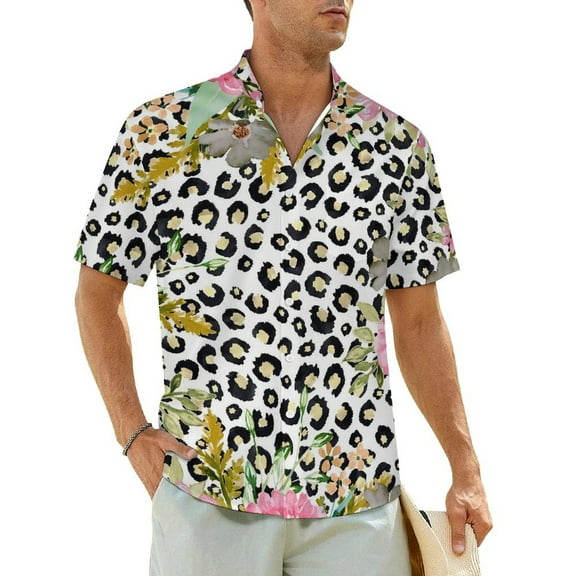 Floral Leopard Print Beach Shirt Red Roses Summer Casual Shirts Man Elegant Blouses Short