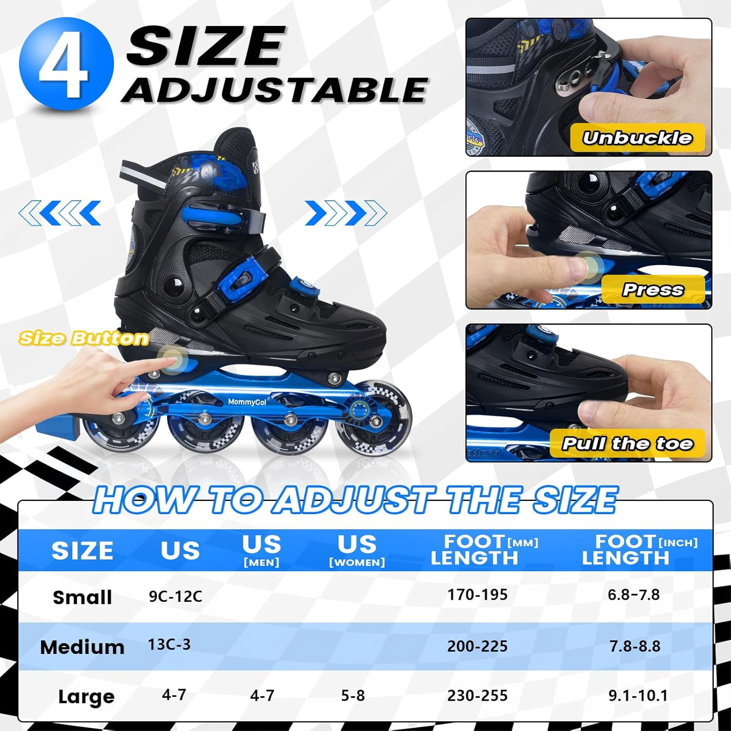 MammyGol Inline Skates for Boys and Girls Youth, 4 Size Adjustable Roller Skates with PU Flashing Whees Inline Skates High Performance for Kids Age 8-12 Blue