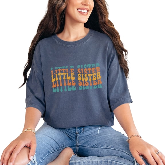 Little Sister, Younger Sibling in the Family, Groovy Retro Wavy Text, Denim Comfort Colors T-Shirt, Small