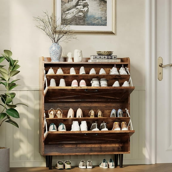 VINGLI Farmhouse Shoe Cabinet with 2 Flip Drawers, 31.6" Ultra Slim Hidden Storage Organizer for Entryway, Rustic Brown & Wood Tapered Legs