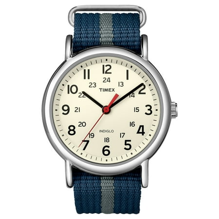Timex Weekender Watch, Blue/Gray Stripe Nylon Slip-Thru Strap