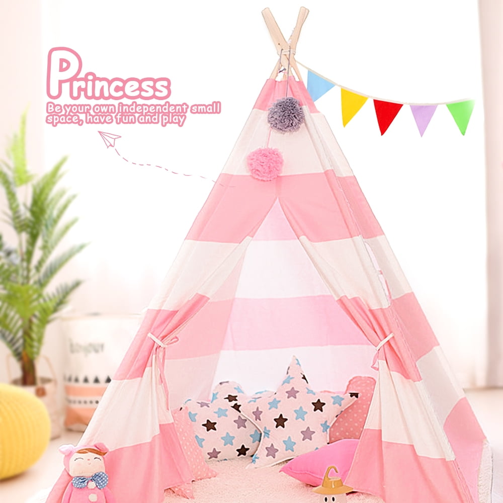 Indoor Outdoor Cotton Canvas Indian Play Tent Princess Castle Children Play House Sleeping Dome Birthday Gift Pink Teepee Tents for Kids