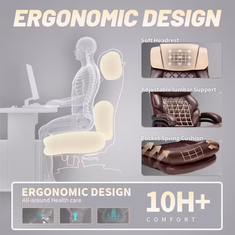 thumbnail image 4 of Qusaphy 800LBS Big and Tall Executive Office Chair, PU Leather Ergonomic Desk Chair with Adjustable Backrest and Thick Padded Cushion, Heavy Duty Chair for Home or Office Brown, 4 of 8