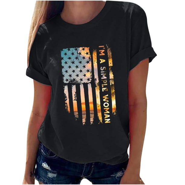 Camiseta de mujer Camisetas divertidas y lindas de manga corta Camiseta con estampado de bandera del Día de la Independencia Tops Blusa Regalo para mujer Pompotops hfajkhk130605