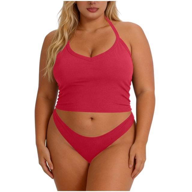 Craaazy Womens Plus Size Sports Tops Solid Color Racerback Ribbed Sleeveless Built-in Bra Crop Tank Tops for Workout Gift