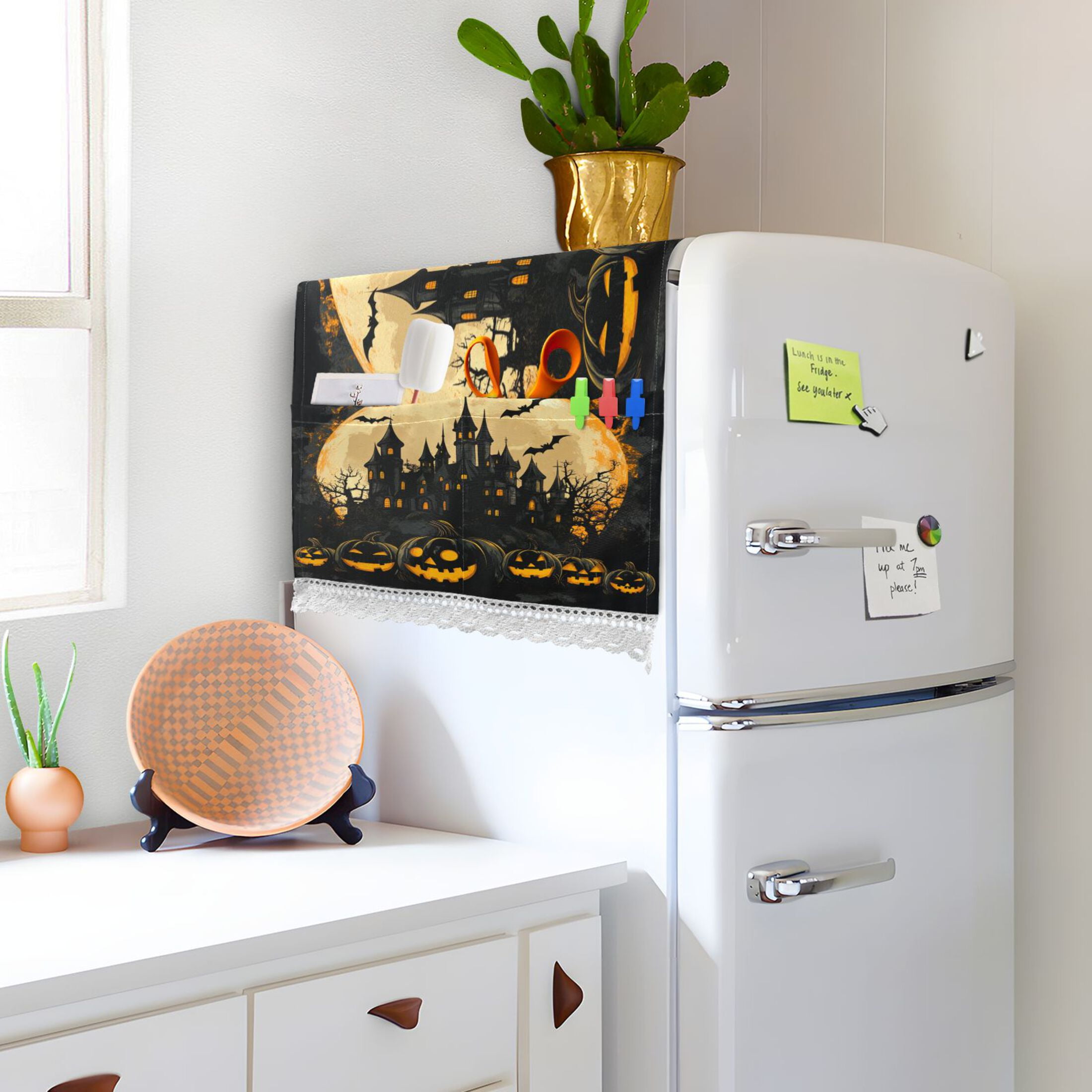 Ghost PumpkinWasher and Dryer Covers Dust-Proof and Oil Resistant Fridge Cover with 4 Storage Pockets Washing Machine Top Cover for Laundry Kitchen Home 51.2 x 22 In