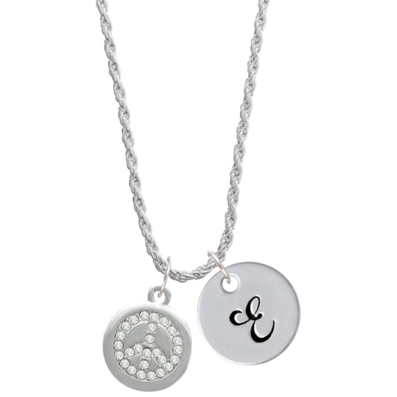 Delight Jewelry Silvertone Disc with Crystal Peace Sign Silvertone Script Initial Disc - E - Charm Necklace, 20"+3"