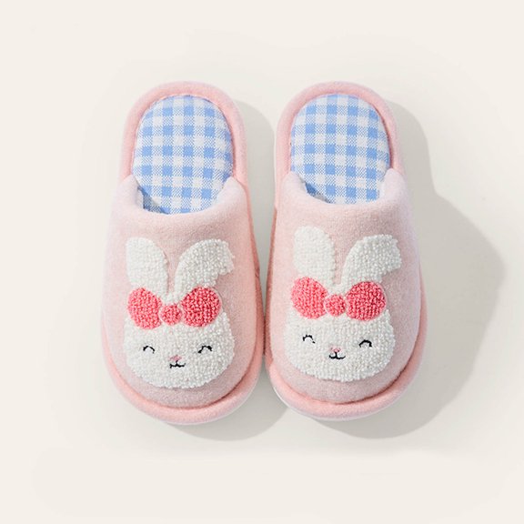 CUZIBR Kids Boys Slippers Girls Plaid Cute Cartoon Plush House Slippers Close Toe Warm Winter Warm Home Footwear,Pink,7-8 Years