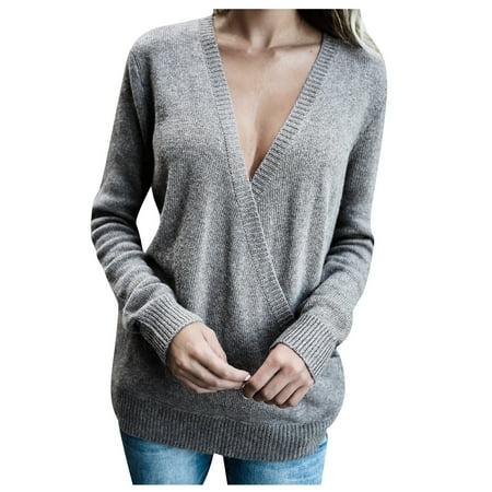 

Women Top Tunic Tops Long Sleeve For Plus Size T Shirts Under 10 Dollars Women s Knitted Deep V-Neck Wrap Front Loose Sweater Pullover Jumper Years Scrubs Maternity Camisetas (XXL Gray) TBKOMH