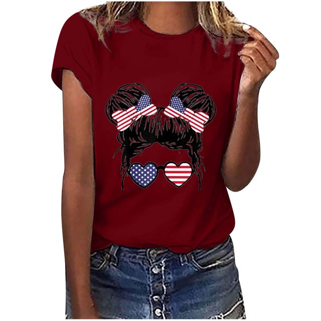 XZNGL Chemisiers à Manches Courtes pour Femmes T-Shirt Imprimé de la Fête de l'Indépendance pour Femmes Ample Décontracté Col Rond Manches Courtes Hauts pour Femmes Chemisier T-Shirts d'Été pour Femmes Hauts à Manches Courtes pour Femmes