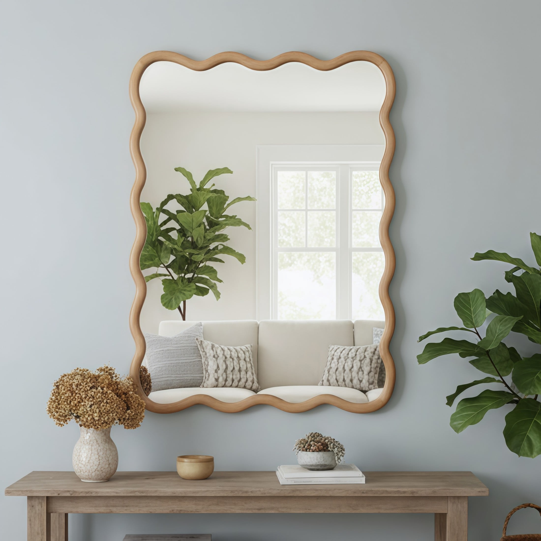Noble House 30x40 Inch Wavy Rectangle Wall Mirror, Solid Wood Decorative Vanity Mirror, Natural