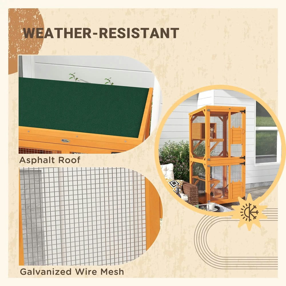 Topcobe Large Cat House for 1-3 Cats on Wheels Wooden Catio Enclosure, Outside Pet Shelter, Small Animal Habitat, Orange
