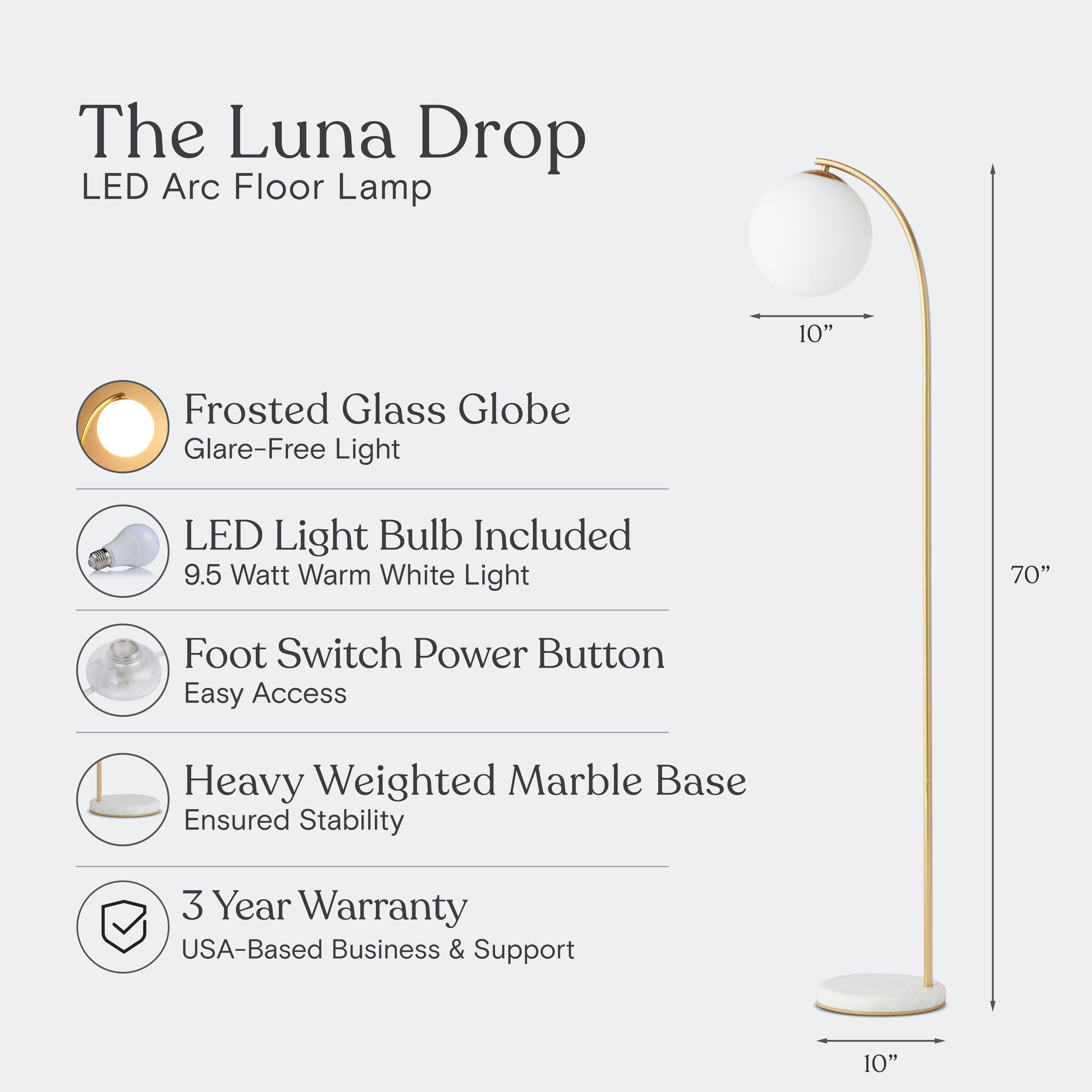 Brightech Luna Drop 66" LED Floor Lamp, Frosted Glass Globe Arcing Living Room Lamp, Mid-Century Modern Standing Lamp for Living Rooms, Bedrooms & Offices - Brass