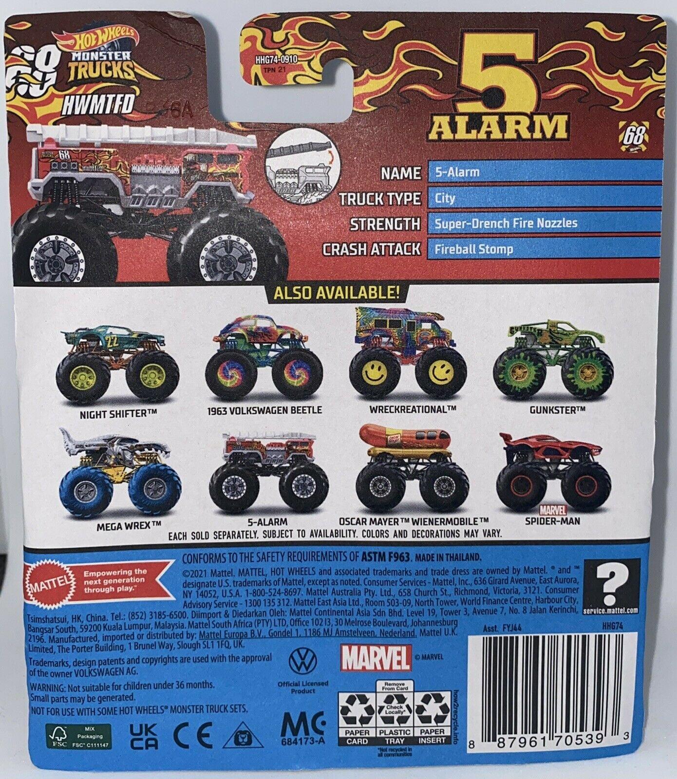 Mattel Monster Trucks Hot Wheels 1:64 Scale 5 Alarm Diecast Car Play Vehicle, 2 Count