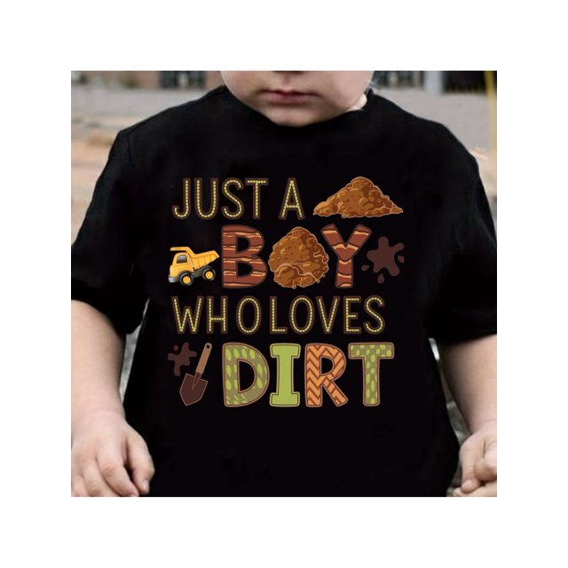 GOURD DOLL "Just A Boy Who Loves Dirt" Bulldozer Graphic Tee - Comfy Polyester Blend, Short Sleeve, Round Neck T-Shirt for Boys, Perfect for Summer Play