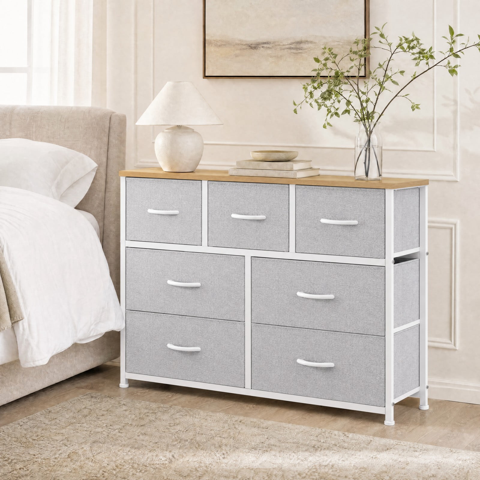 Telyra 7-Drawer Fabric Dresser TV Stand Organizer with Wood Top and Metal Frame Wide Storage Chest, Light Gray