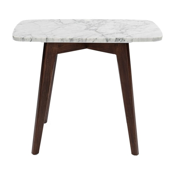 The Bianco Collection Cima 12" x 21" Rectangular Italian Carrara White Marble Table with Walnut Legs