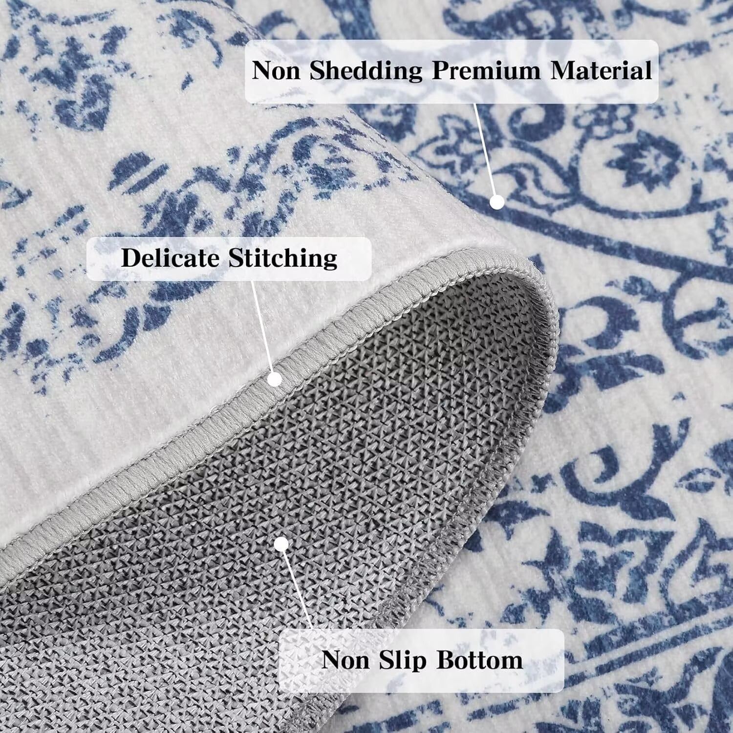 FairOnly 2'x6' Vintage Runner Rug Hallway Area Rugs for Kitchen Washable Non-Slip Blue Soft Rug for Bedroom