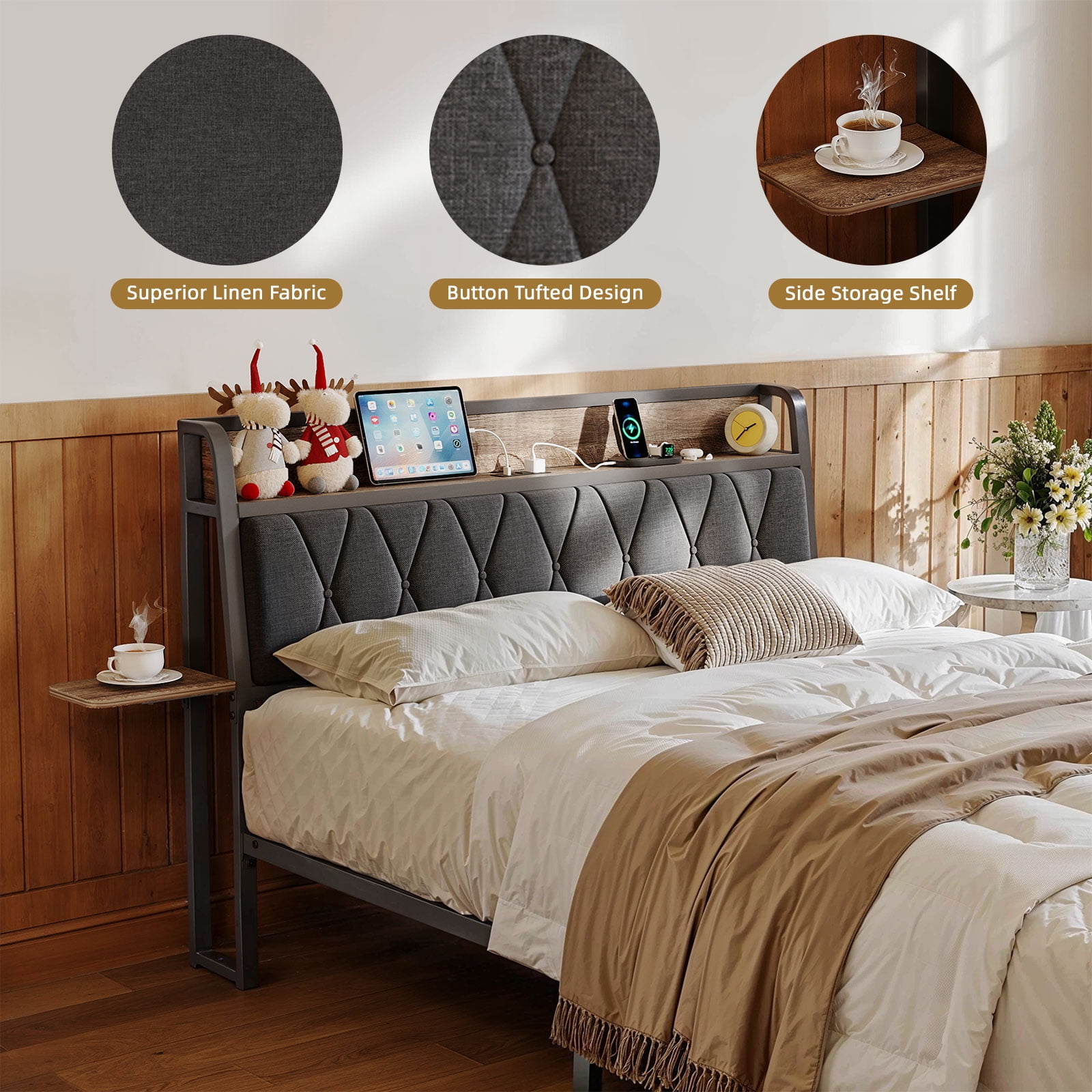 Queen Size Bed Frame with Charging Station, Ergonomic Upholstered Headboard with Side Storage Shelf, Metal Slats Support, Twin Platform Bed Frame, No Box Spring Needed, Black