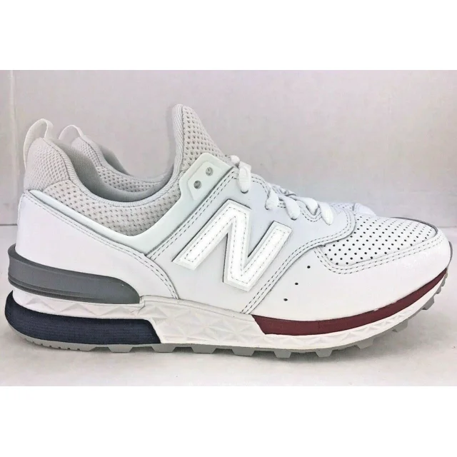 New Balance 574 Sport Running Shoes Sneakers White Red Leather Gray Mens Sz 8.5