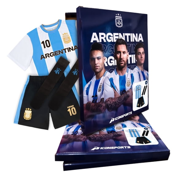 Icon Sports Officially Licensed Argentine Football Federation Lionel Messi Fan Pack - 3-Piece Soccer Set - Game Day Shirt, Shorts & Socks - Unisex Kids - AFA001UF Light Blue YS