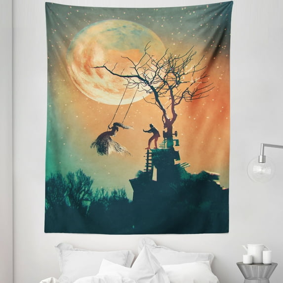 Halloween Tapestry, Spooky Night Zombie Bride and Groom Lady on Swing Under Starry Sky Full Moon, Fabric Wall Hanging Decor for Bedroom Living Room Dorm, 5 Sizes, Orange Teal, by Ambesonne