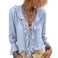 thumbnail image 2 of HaCpiu Women's Solid V-Neck Ruffle Blouse, Casual Loose Long Sleeve Tunic Shirt, Lightweight Flowy Tie-Front Top with Bell Cuffs, Light Blue S, 2 of 5