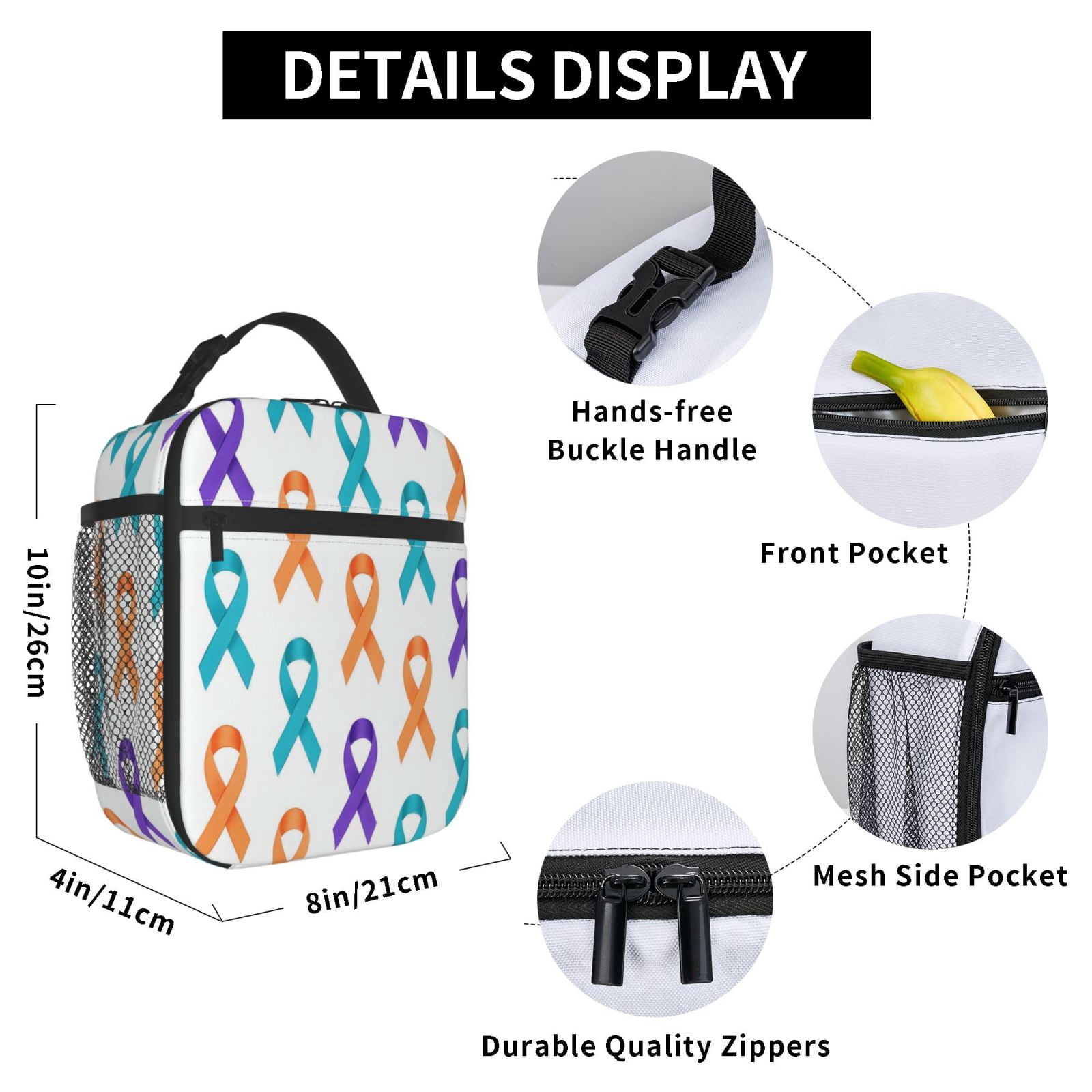 Lunch Bag For Women Men Insulated Portable Lunch Box Bento Box Office Picnic Travel Cooler Bag Cancer Awareness Ribbon Pattern - Modern Grid