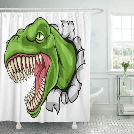 PKNMT Green Breaking Cartoon Rex Tyrannosaurus Dinosaur Ripping Through The Trex Wall Bust Waterproof Bathroom Shower Curtains Set 66x72 (Best Plaster For Bathroom Walls)