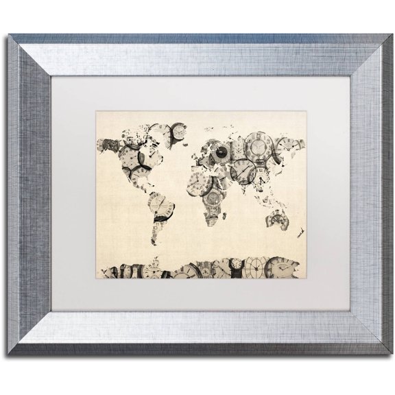 Trademark Fine Art "Old Clocks World Map" Canvas Art by Michael Tompsett White Matte, Silver Frame