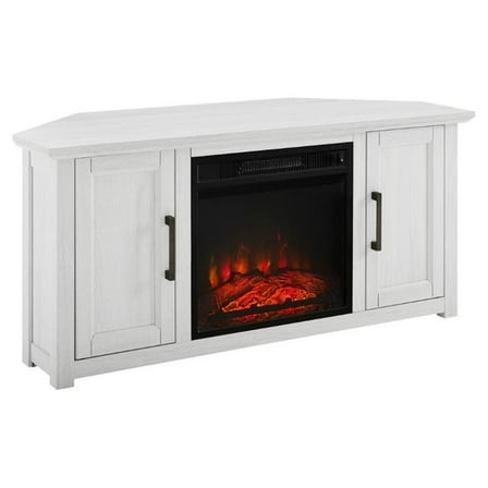 Maklaine 48"Wood Corner TV Stand with Fireplace in Whitewash