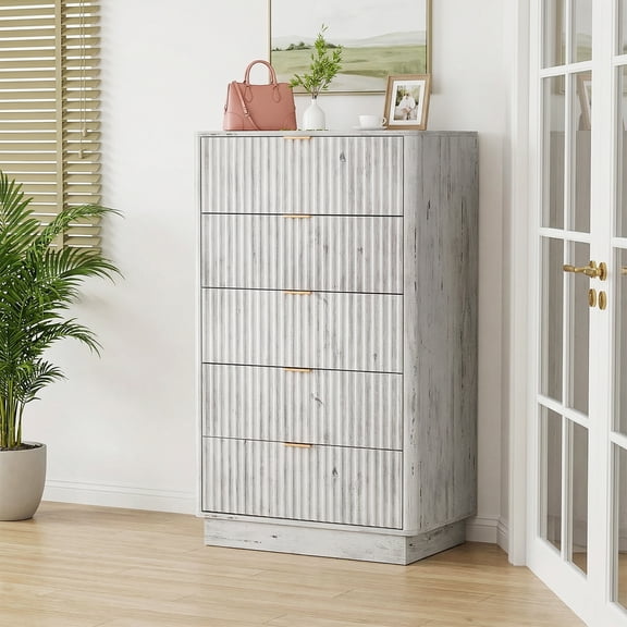 45" Tall Fluted 5-Drawer Dresser, Modern Curved Chest with Round Edge & Metal Handles, Wood Storage Organizer for Bedroom Entryway Living Room
