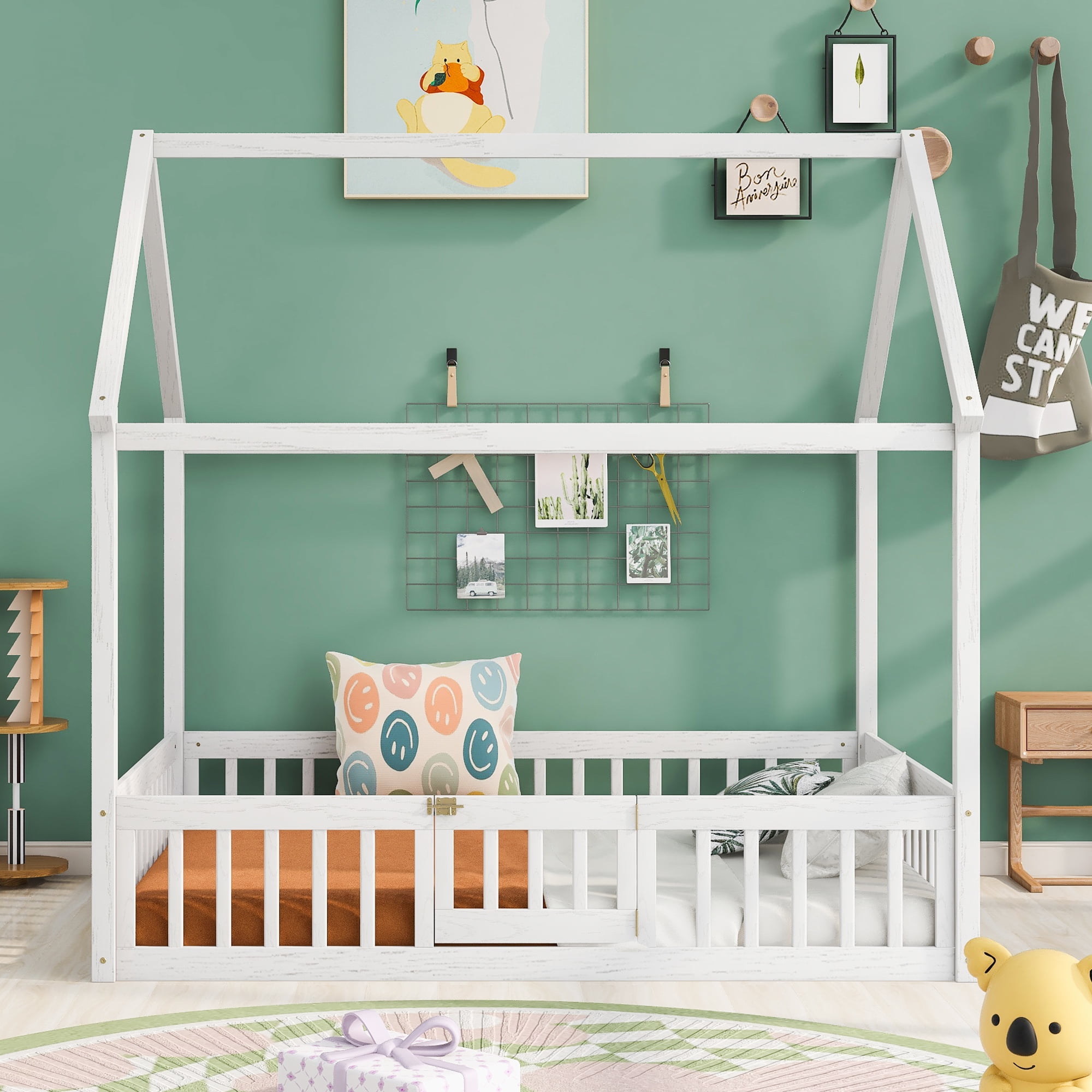Harper & Bright Designs House Floor Bed with Fence & Roof, Full Size Wood Playhouse Bed Frame wih Rails & Door for Boys Girls, White