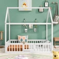thumbnail image 3 of Full Size Wood House Bed with Fence and Door, White Wash, 3 of 9
