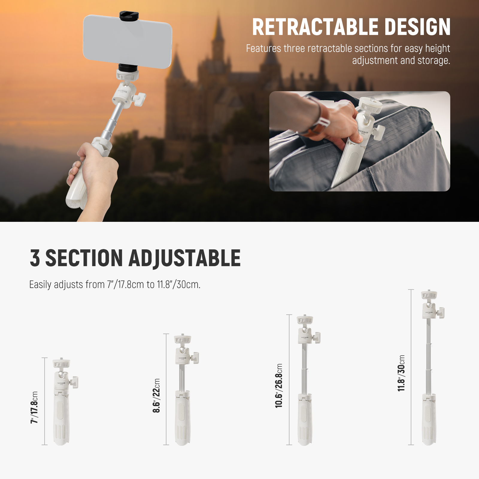 Neewer TP43 Mini Desktop Tripod - 360° Ball Head, for iPhone/GoPro/Insta360/DJI, Metal Stand for Webcam/Vlogging (White)