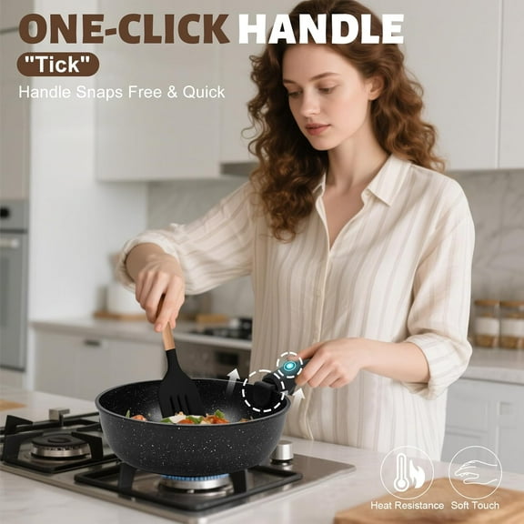 10 Pcs Non Stick Cookware Set with Detachable Handles, Ceramic Kitchen Ware for RV, Stackable, Dishwasher & Oven Safe, Black