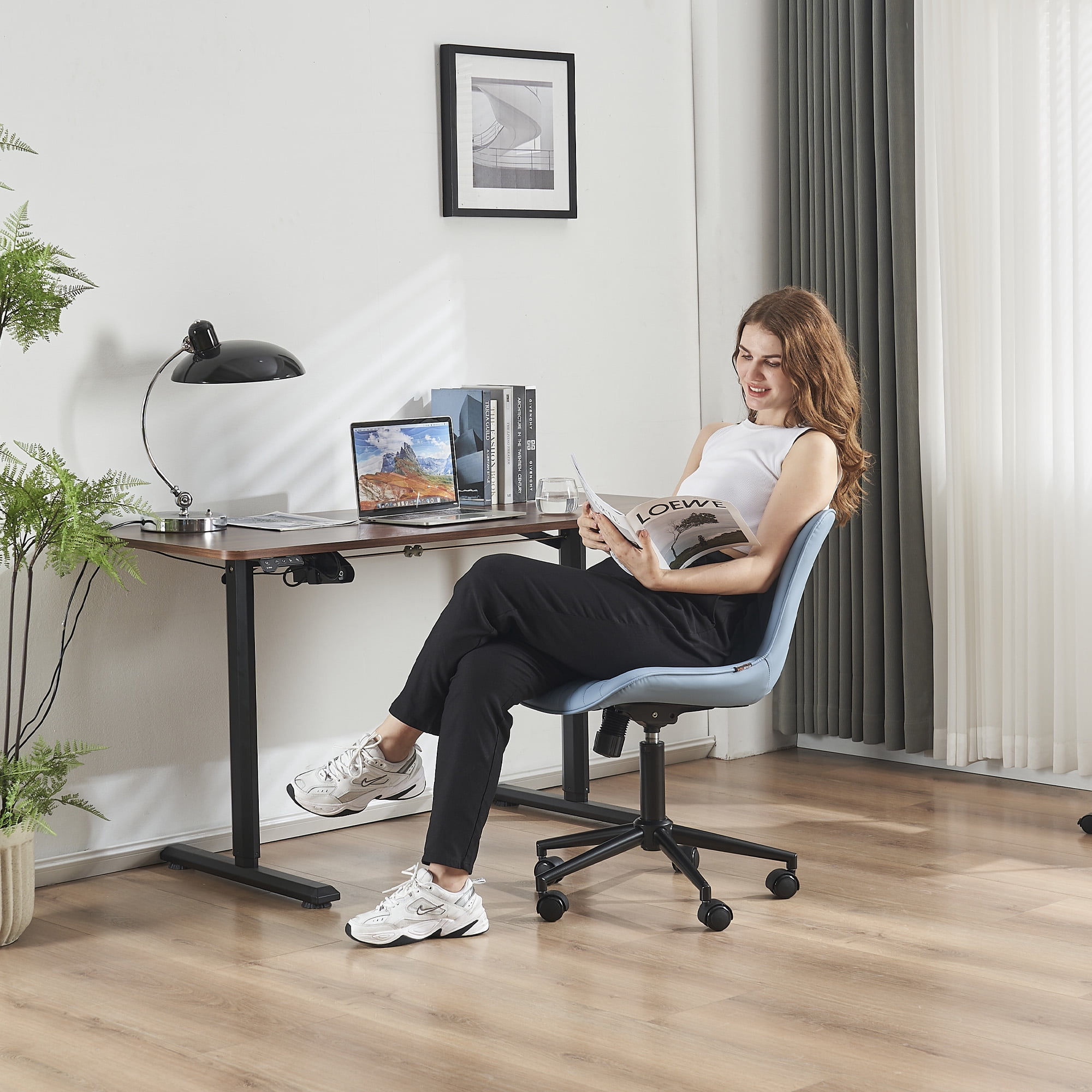 YOUNIKE Modern Office Chair with Wheels Adjustable Ergonomic Desk Task Chair in Mid-Back Blue PU Design